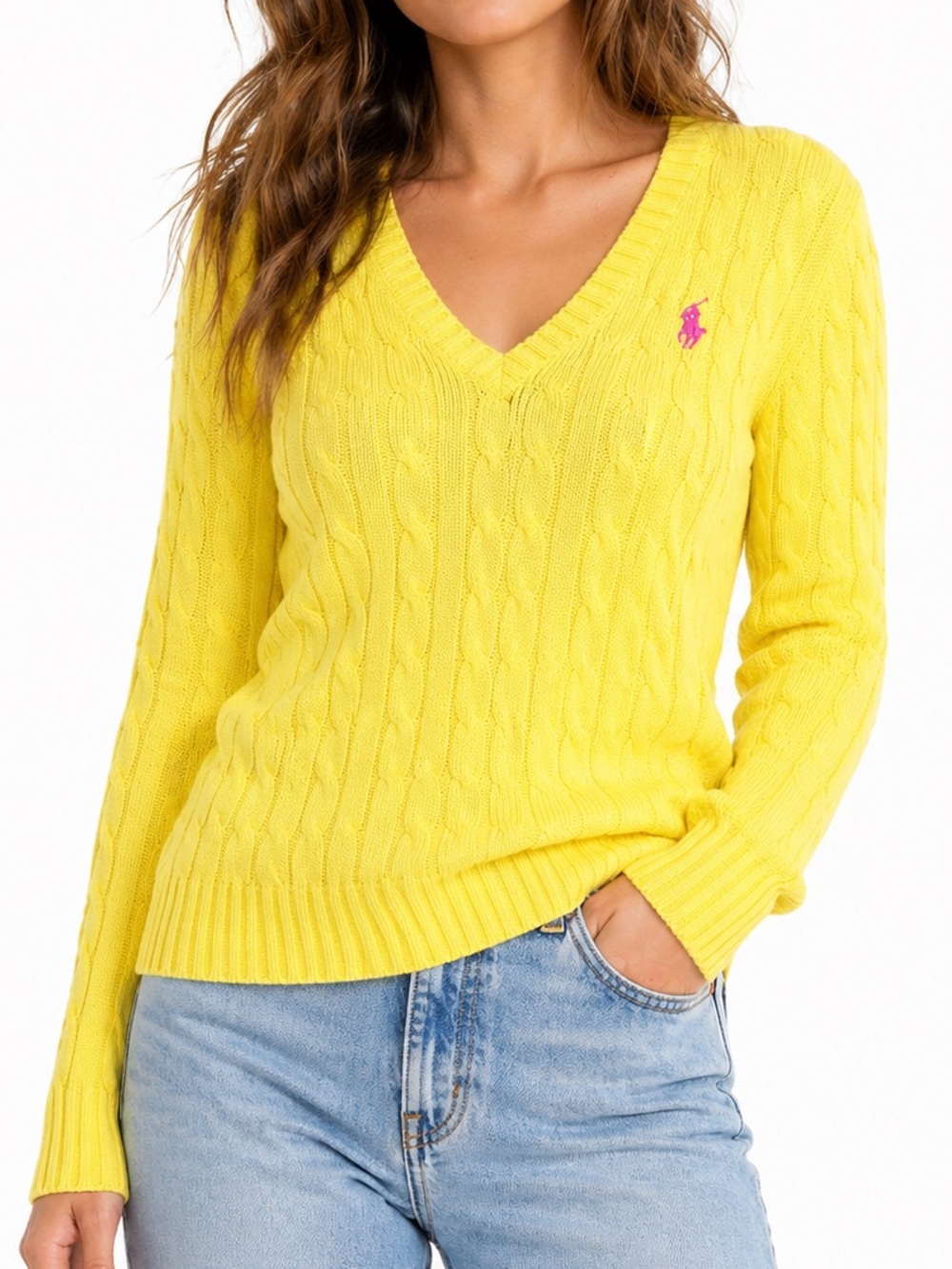 Ralph Lauren Cable Knit V Neck Sweater Yellow Pink Pony Logo Size Large ❤️
